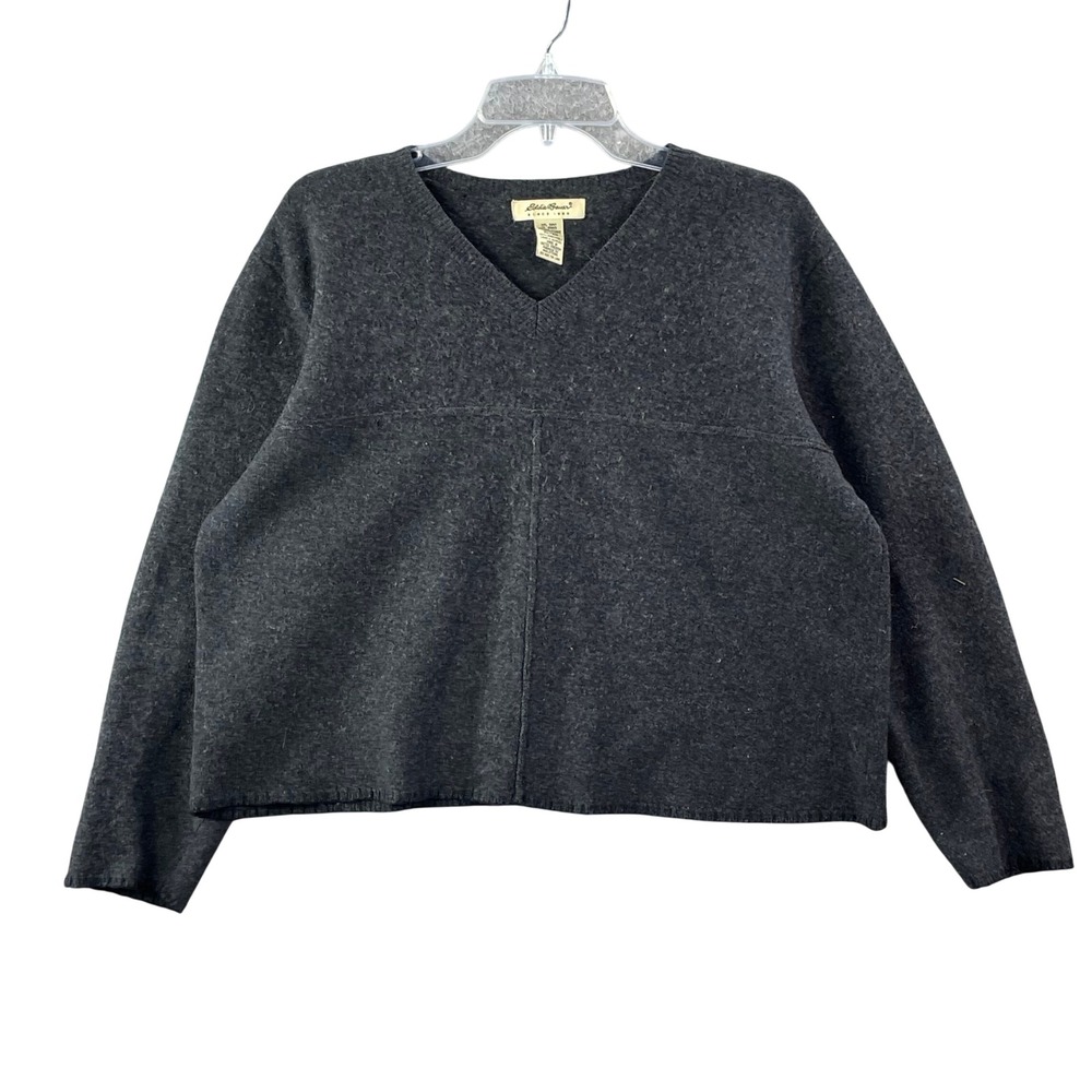 Eddie Bauer Sweater Womens XL Gray Lambswool V-Neck Knit Made in UK Pullover